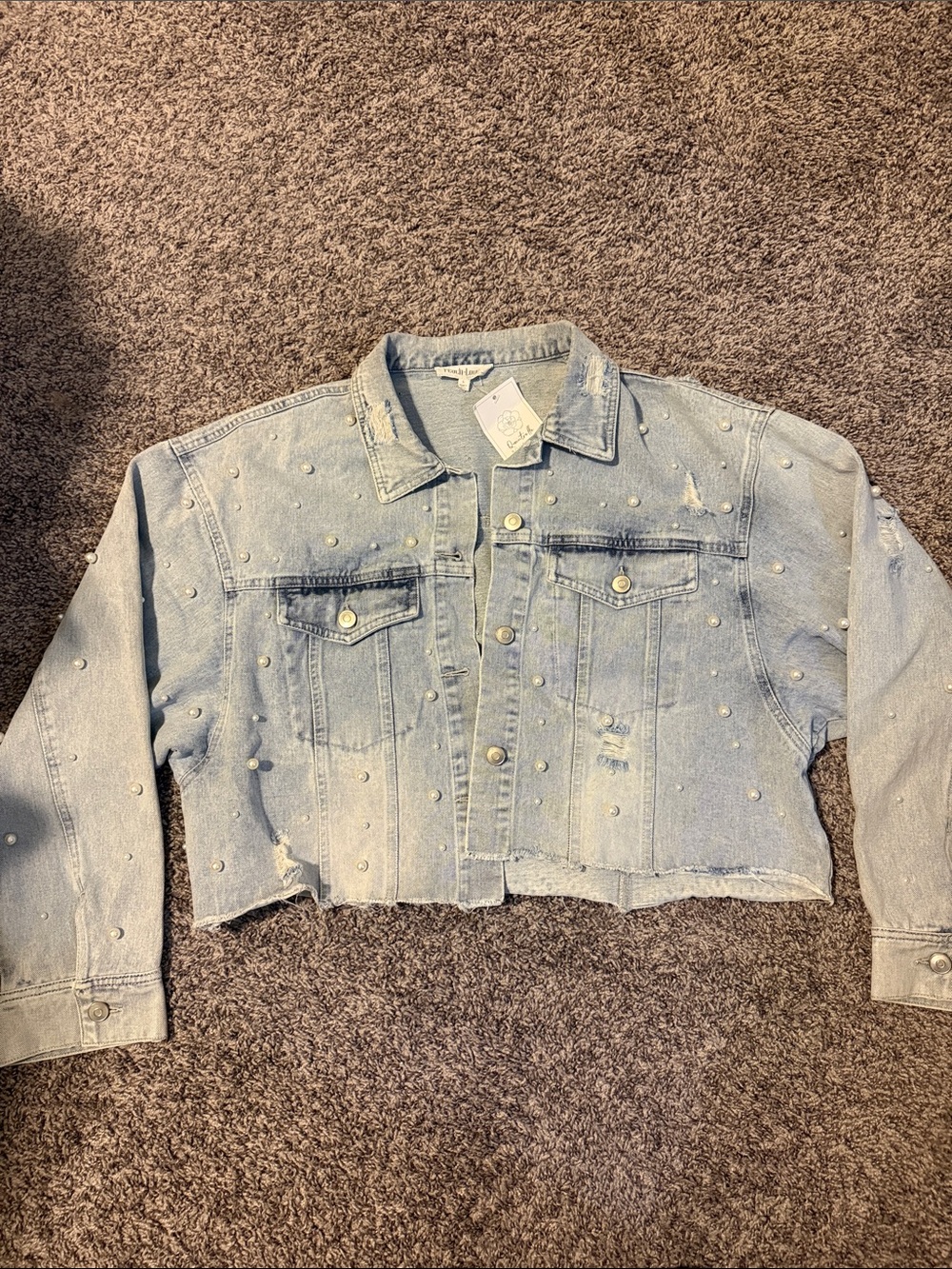 Peach Love California Light Blue Pearl-Studded Cropped Denim Jacket